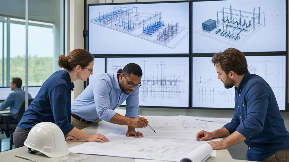 Electrical, civil and mechanical engineers reviewing controlled technical drawings.