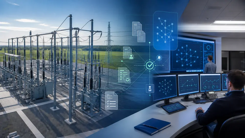 High-voltage substation and engineering control environment connected by document workflows.