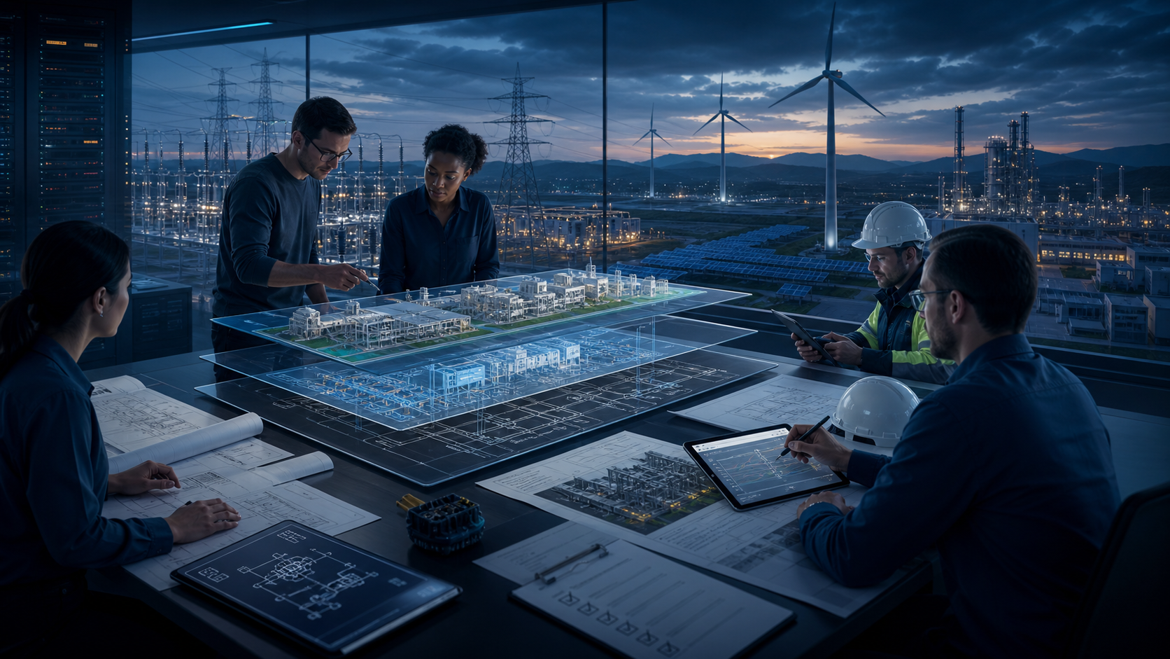 Engineers coordinating digital models, drawings, calculations and field information across a connected energy project