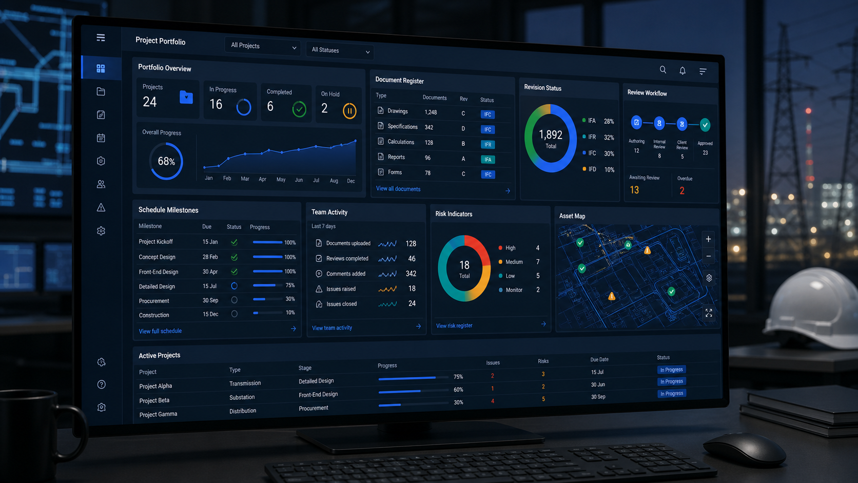 Conceptual dark engineering project dashboard showing portfolio progress, document status, reviews, risks and an asset map