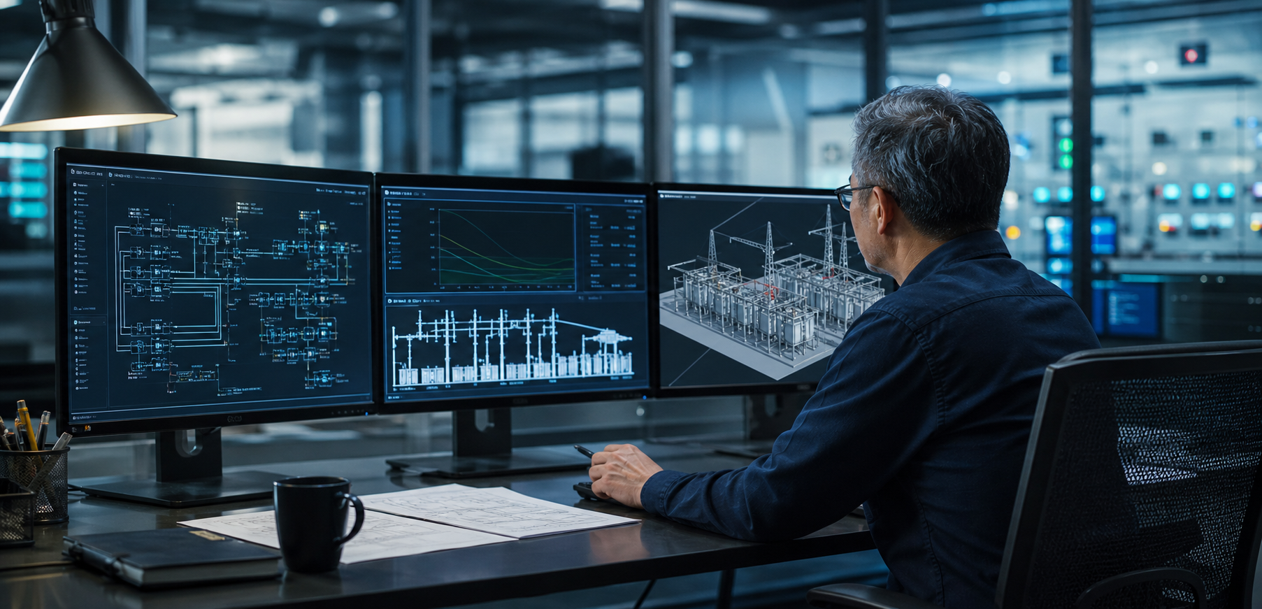 Engineer reviewing power-system diagrams in a professional workspace