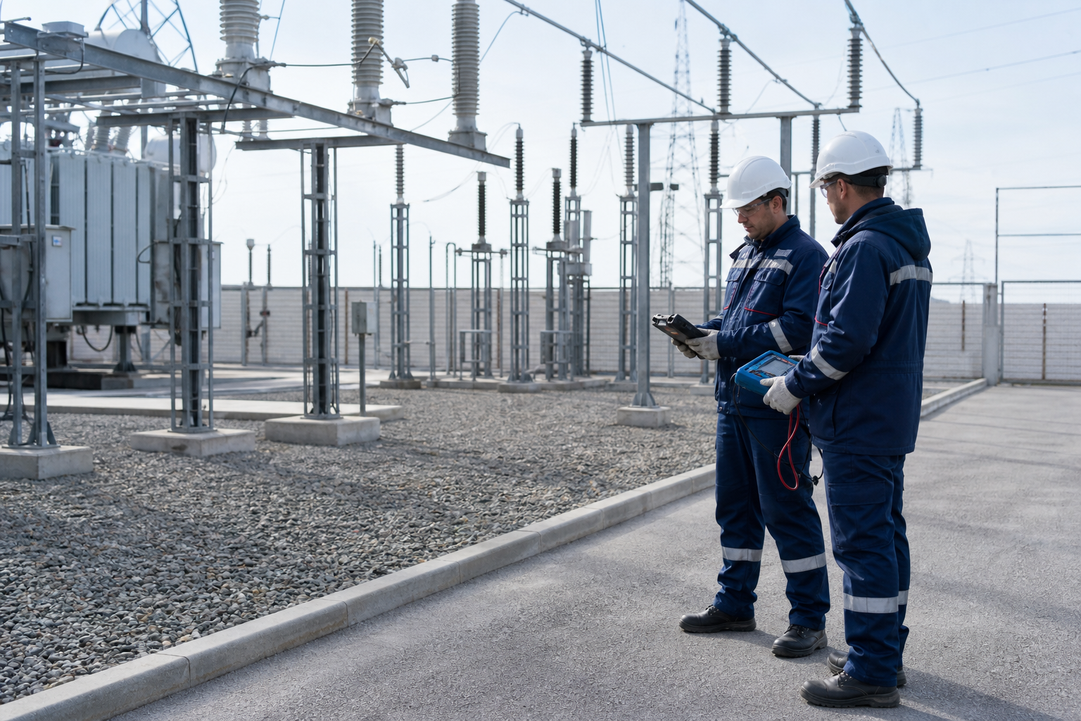 Engineers performing a controlled inspection at a high-voltage substation